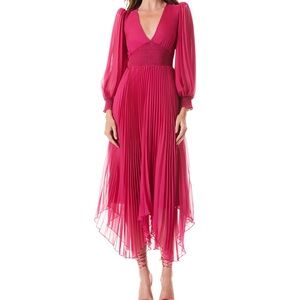 Alice + Olivia SION SUNBURST PLEATED SMOCKED WAIST MIDI DRESS Fuchsia